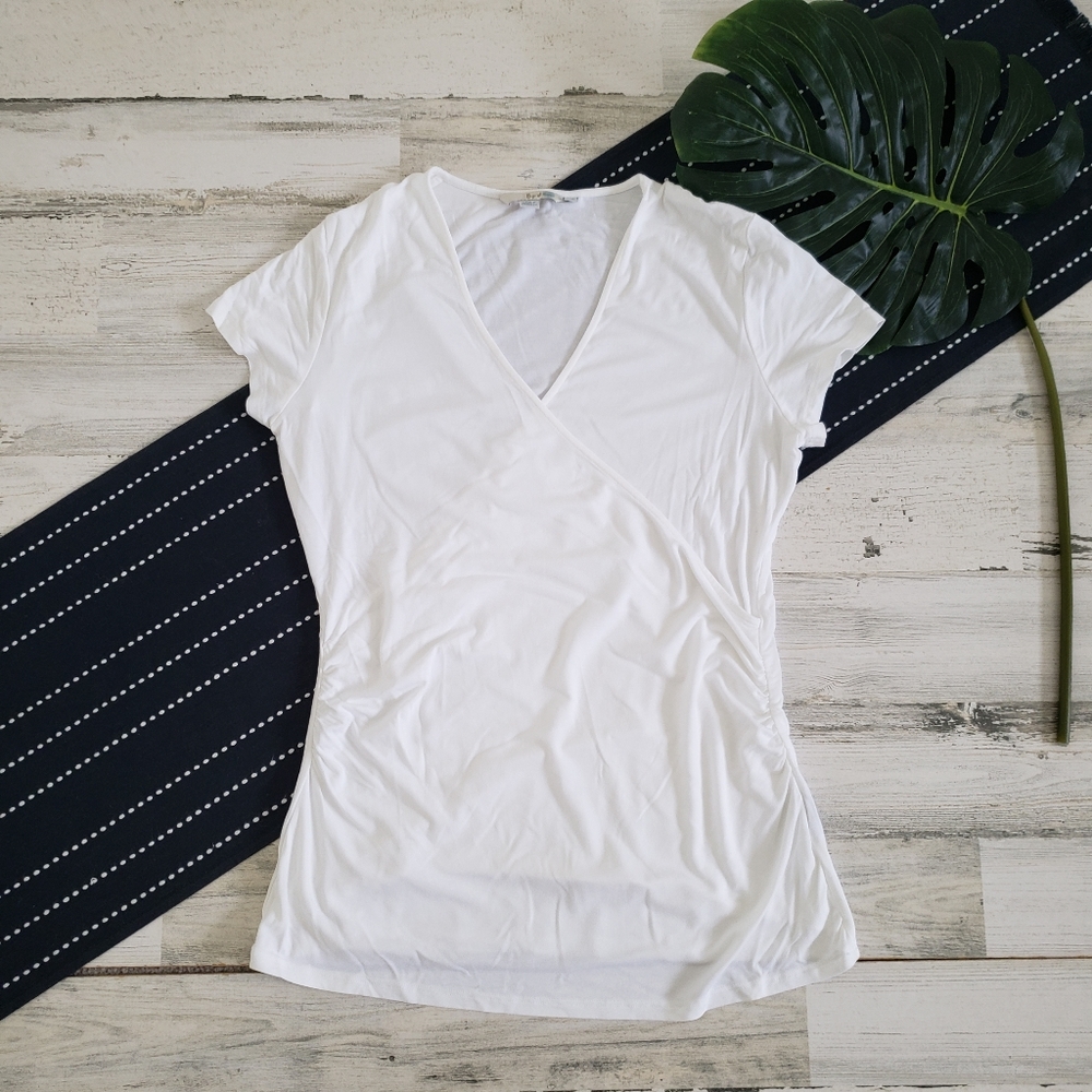 Boden Surplice Faux Wrap V Neck Short Sleeve Blouse White Size 12